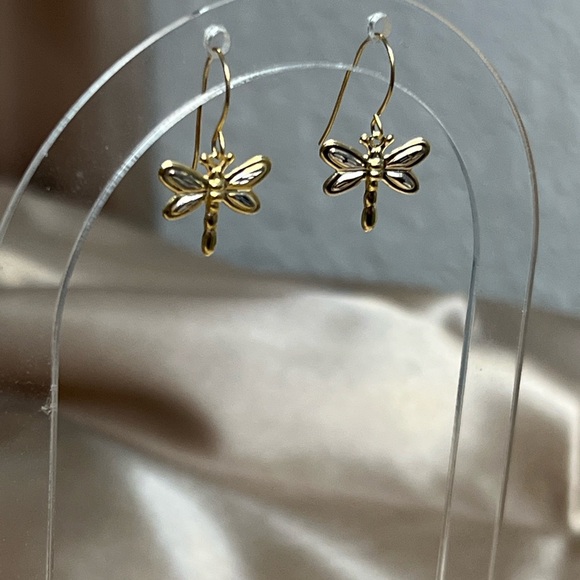 Vintage 14K Yellow Gold White Gold Dragonfly Drop Dangle Earrings Lightweight - Picture 4 of 9